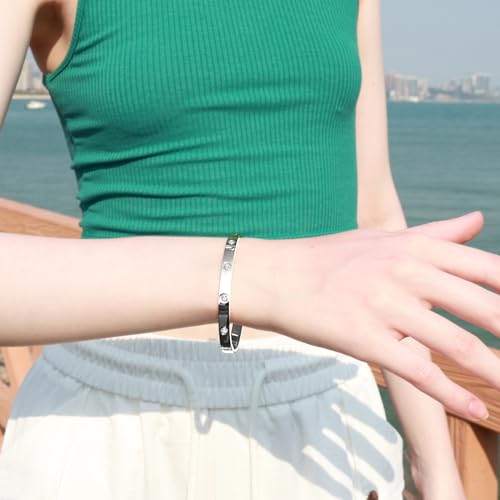 BOLAGTIER Gold Plated Bracelet with Cubic Zirconia Stones Stainless Steel Bangle Minimalist Cuff Love Charm Bracelets for Women3