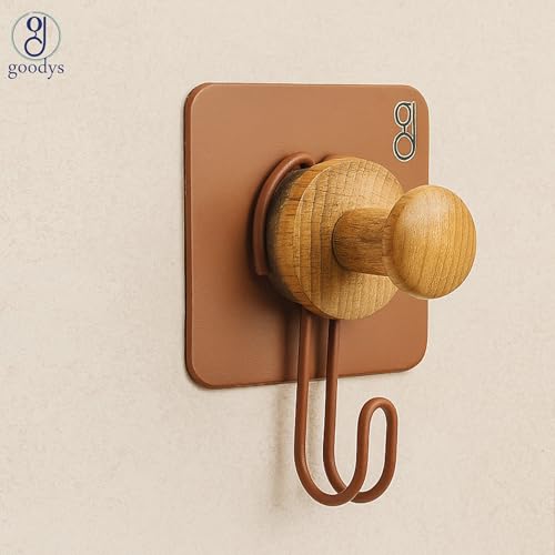 Image of goodys 4 Pcs Self Adhesive Wall Hooks - Reddish Brown Aluminum | Heavy Duty Waterproof Hooks for Bathroom, Kitchen & Cloth Hanging | No Drill Installation