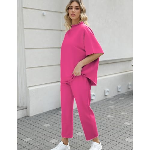 Image of SeeLuNa Women's Two Piece Outfits 3 /4 Batwing Sleeve Capelet Crew Neck Pullover Top Wide Leg Pants Lounge Set