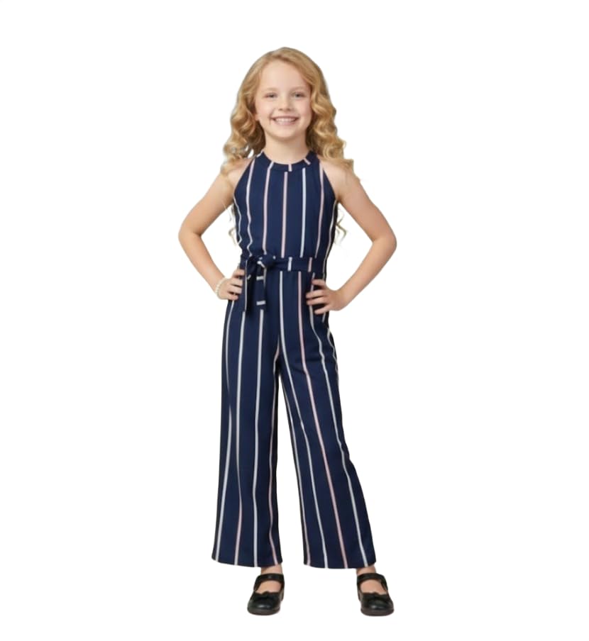 Image of A.T.U.N. (ALL THINGS UBER NICE) Girls Printed Poly Silk Jumpsuit with Tie-Up Belt | Stylish Sleeveless One-Piece Outfit for Kids | Trendy Comfortable Wear for Parties Functions & Photoshoots