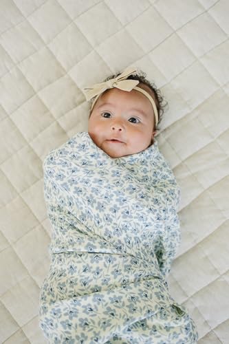 Image of Mebie Baby Blue Blossom Muslin Swaddle, Modern and Neutral Blanket for Baby Girl or Boy, 0-3 Month, Comfy Wrap