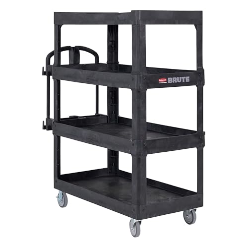 Image of New Rubbermaid Commercial Products 4-Shelf Utility /Service Quad Cart, Heavy Duty Large, Lipped Shelf, Ergonomic Handle, 700 lbs. Capacity, for Warehouse /Garage /Cleaning /Manufacturing (2128657) Black
