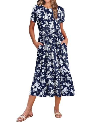 Image of Zeagoo Women Summer Midi A Line Dress Short Sleeve Casual Flowy Tiered Beach Long Sundress with Pockets 2026 Vacation Travel