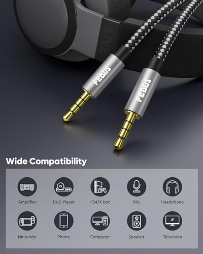 Image of FEDUS PURETONE 3.5mm Male to Male Aux Cable Cord with Mic Microphone Support (4-Pole TRRS) 10 Meter Hi-Fi Audio, Nylon Braided, 24K Gold Plated for Phone, Car, Laptop, PC, Headphones,Speaker, Earphone