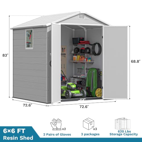 Image of Devoko 6x6 FT Resin Shed with Floor, Outdoor Plastic Storage Sheds with Windows, Waterproof Utility Tool Garden Shed with Lockable Door for Backyard Patio Lawn, Light Gray