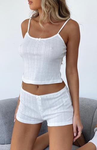 Image of Women's Two Piece Outfit Lace Trim Top and Shorts Set 2 Piece Lounge Sets Ladies PJs Summer Clothes