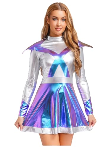 Miutii Disfraz de alien para mujer, vestido metálico, manga larga, vestido plisado, aspecto mojado, vestido de astronauta, disfraz de astronauta, carnaval, azul, XXL