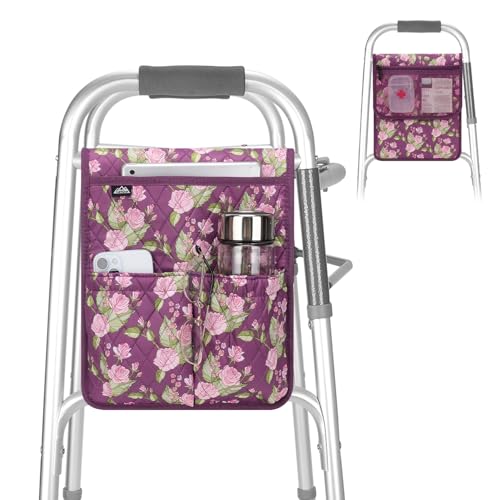 supregear Walker Bag, Universal Seniors Caddy Organizer with Multiple Pockets, Lightweight Accessories for Elderly, Rollators, Wheelchairs and Bedside Rails, Easy to Use Storage Pouch, Floral Purple