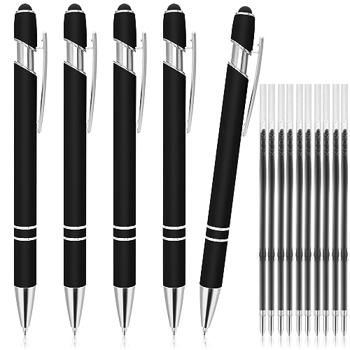 TIESOME 5 Pièces Stylo à Bille Rétractable 2 en 1 Avec Pointe Stylus, 10 Mines, Métallique Pour Écrans Tactiles, 1,0 mm d'Encre Noire (Noir)