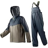 Men’s PRO Fishing Rain Gear 3-Piece Waterproof Jacket & Bib Pants Set, ECO PU Rain Suit, Comfortable Multi-Function Workwear(Navy/Khaki,X-Large)