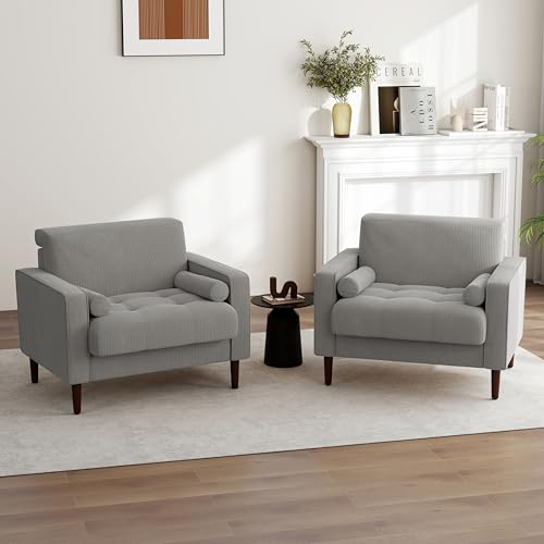 Image of Corduroy Accent Chairs Set of 2, Modern Upholstered Living Room Arm Chair Bedroom Reading Armchair with Bolster Pillows, Mid-Century Track Armrest Tufted Single Sofa Seat (Light Gray)