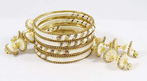Image of NMII Metal & Silk Thread Jhumka Zircon Latkan Stylish Bangles Set For Women's and Girls | Women's Fancy Latkan Bangles Set | Ethnic Fashion Jewellery- Set of 12 Bangle, (G405 White-2.6)