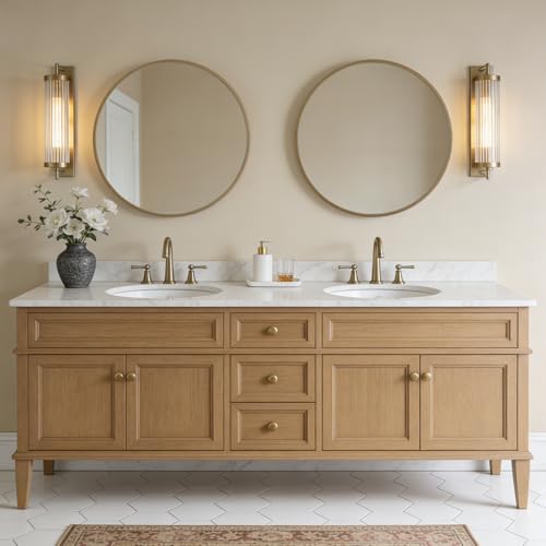 Image of WallBeyond Round Wood Mirror 28 inch Circle Wall Mirror for Bathroom Round Wall Mirror for Wall Decor, Vanity, Entryway Living Room, Honey