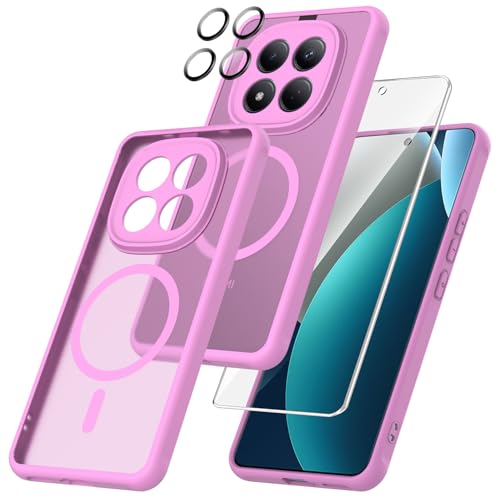 WQRTYJK 3 en 1 Funda para Xiaomi Redmi Note 15 Pro 5G con 1 Protector Pantalla y 1 Protector Lente Cámara,Apto para Soportes magnéticos，Carcasa Trasera Translúcida Esmerilada, Antihuellas (Rosa)