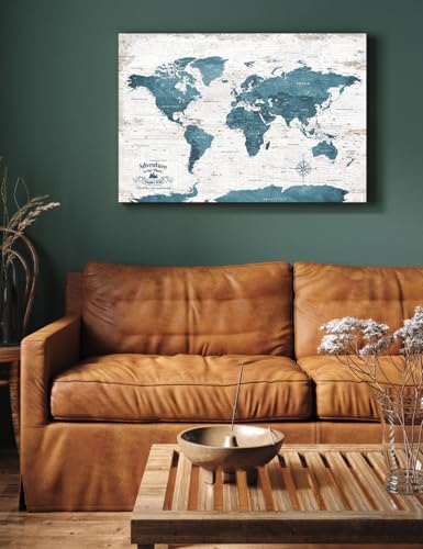 Image of IPIC - Vintage Teal World Map Canvas Wall Art, Push Pin World Map to Track Your Travels, Rustic Style Wall Decor for Home, Office, Living Room or RV, Ready to Hang, Made in USA