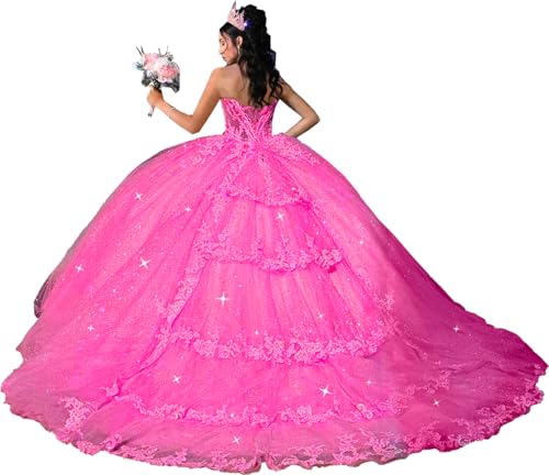 Sweetheart Lace Appliques Quinceanera Dresses with Train Glitter Diamonds Ball Gown Layered Princess XV Dress SK002