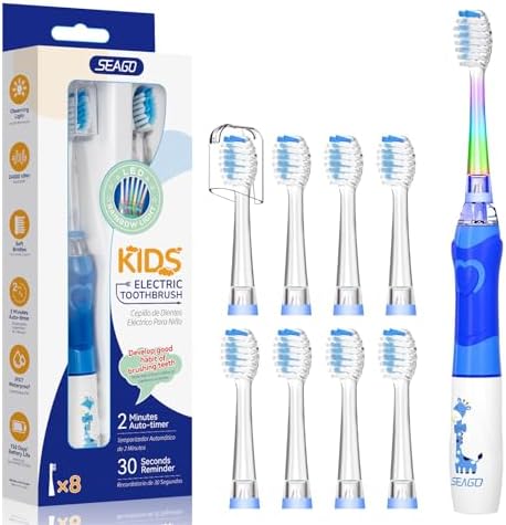Seago Elektrische Zahnbürste Kinder ab 3-12 jahre Kinderzahnbürsten Elektrisch mit Farbigem Licht Smart Timer 8 Weich Bürstenköpfes Wasserdicht Baby Schallzahnbürste SG977 (Blau-8)