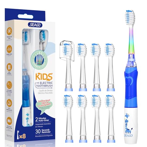 Seago Cepillo de dientes eléctrico para niños a partir de 3 – 12 años, cepillo de dientes eléctrico con luz de color, temporizador inteligente, 8 cabezales suaves, resistente al agua, cepillo de