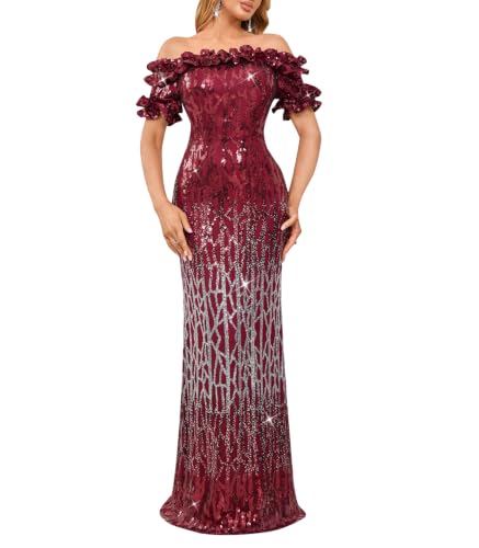 Image of dasmzper Women Sexy Sequin Off Shoulder Ruffle Short Sleeve Bodycon Mermaid Party Formal Evening Maxi Dress