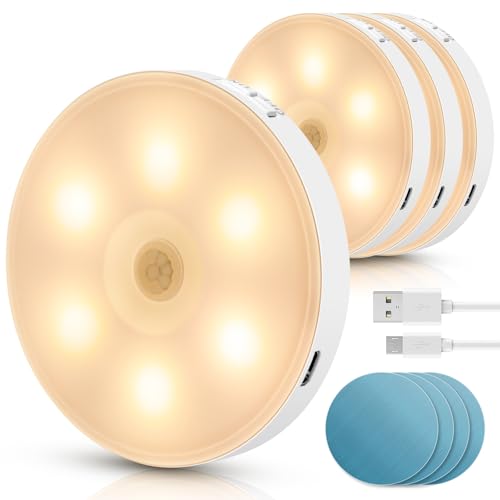 Aigostar 4 Pezzi 3000K Luce Notturna Bambini con Sensore di Movimento, Luce Armadio USB Ricaricabile con Striscia Magnetica Adesiva, 0.5W Luci Notturne per Camere da Letto, Corridoio, Cucina, Scale