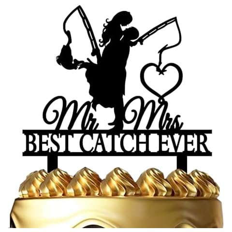 Funny Fishing Wedding Cake Topper - Best Catch Ever - Groom Hugging Bride Fishing Couple Cake Topper, Mr&Mrs Wedding Cake Topper (Fishing Couple) Cover