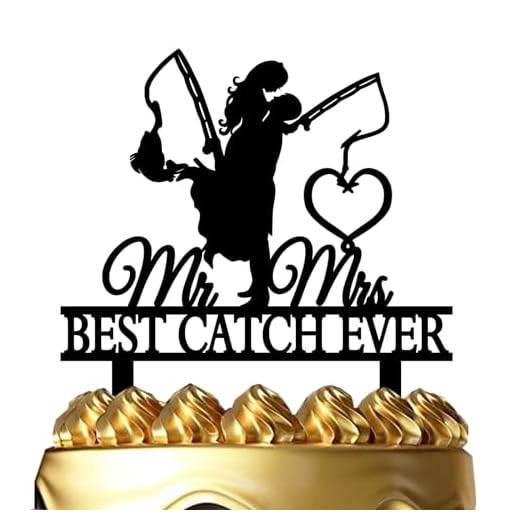 Funny Fishing Wedding Cake Topper - Best Catch Ever - Groom Hugging Bride, Mr&Mrs (Fishing Couple)
