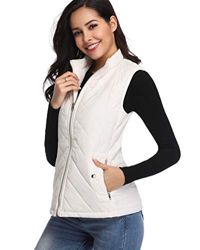 Fuinloth Women's Quilted Vest, Stand Collar Lightweight Zip Padded Gilet White Xl #TOP1