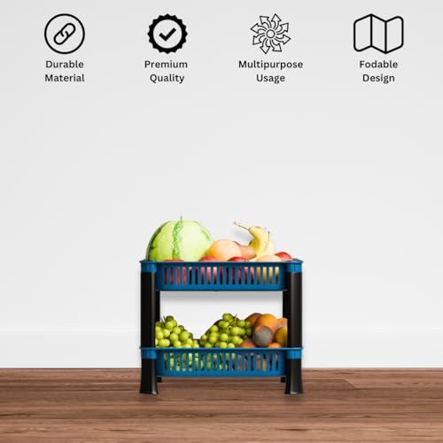 Image of Plastic Kitchen Rack, Multipurpose Vegetable & Fruit Storage Basket Organizer for Home, Pantry & Kitchen - Strong & Easy to Assemble (2 Layer, Blue)