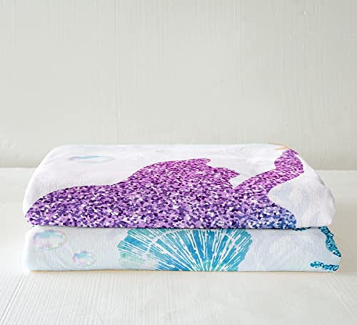 Mermaid Blanket For Girls Kids Mermaid Princess Bedroom Decor Blue Purple Sequins Fish Scales Fleece Blanket Girly Gradient Throw Blanket Sea Animal Starfish Seahorse Decor Sherpa Blanket 60”X80” #TOP2