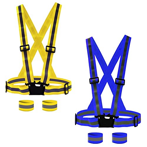 Ur-Excellent 2 chalecos reflectantes para correr, visibilidad de seguridad, 4 pulseras reflectantes, Amarillo, azul (paquete de 2), XL Cover
