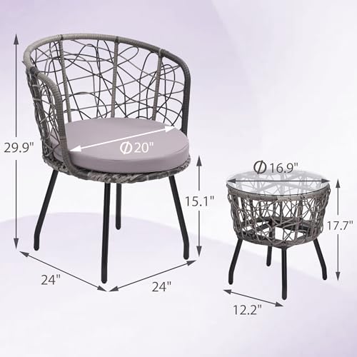 Image of Kromax 3-Piece Patio Modern Bistro Set, Grey /Grey | Outdoor All-Weather Wicker Furniture Chairs and Side Table Set, Ideal for Balcony, Porch and Backyard