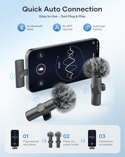Image of Wireless Microphone for iPhone iPad and Android Phone, 2 Pack Wireless Lavalier Lapel Mic with Noise Reduction, Plug and Play Mini Microphone for Video Recording Interview Podcast YouTube TikTok Vlog