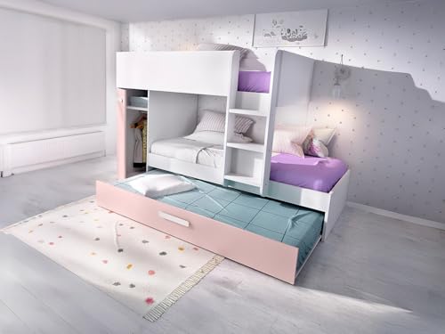 Vente-unique - Cama litera 2 plazas Anthony - melamina - Rosa Palo, Blanco