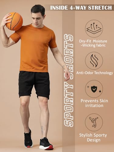 Image of CHKOKKO Double Layered Gym Shorts for Men Workout | Compression Inner Layer with Pockets Across Inner Outer and Back | Dry Fit Sports Athletic wear for Running Jogging or Training