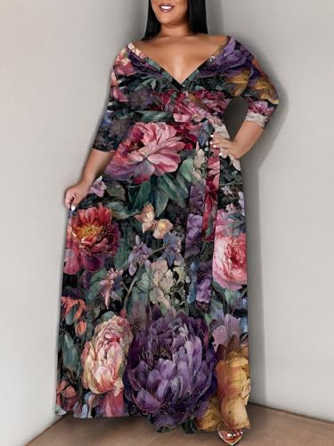 Image of SUZONANA Plus Size Maxi Dresses for Curcy Women Casual Loose 3 /4 Sleeve Long Dress with Belt
