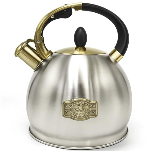 Lryybti Stove Top Whistling Tea Kettle Food Grade Stainless Steel Teapot Of 5-Layer Base For Camping & Kitchen(Brushed, 2.64 Qt)