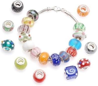 50 pc Lot Silver Lampwork Murano Glass European Mix Beads - Compatible with Most Major Charm Bracelets Such Chamilia, Troll, Biagi And More
