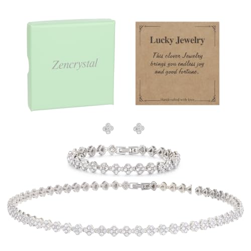 Zencrystal Rhinestone Four-Leaf Clover Tennis Bracelet, Silver