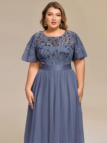 Image of Ever-Pretty Plus Women's Round Neck Embroidery Short Sleeves Sequin Tulle Midi Plus Size Cocktail Wedding Guest Dresses Dusty Blue US22