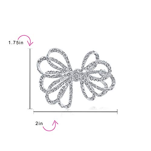 Image of Bling Jewelry Set of Two Large Bridal Holiday Statement Christmas Pave Crystal Wedding Open Bow Ribbon Brooch Pin For Women Silver Yellow Gold Plated
