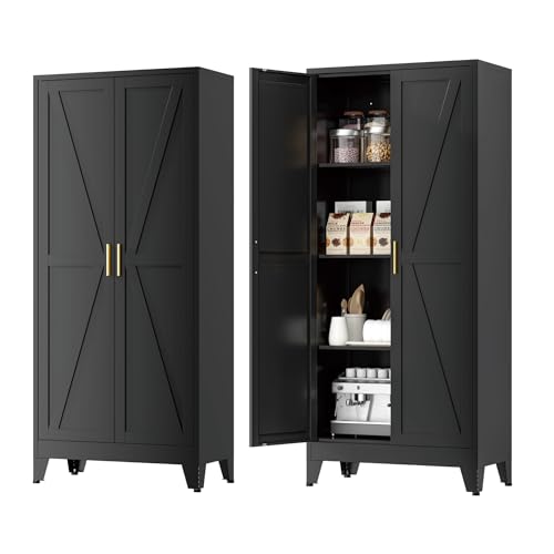 Image of Farmhouse Pantry Cabinet with Barn Doors,61 inch H x 27.5 inch W,Metal Cabinet with Adjustable Shelves,4-Tier Storage Cabinet for Kitchen Dining Room Garage Office,Black 1 Pack