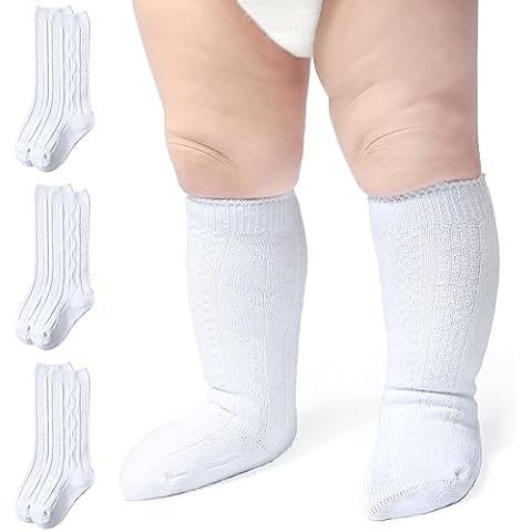 Baby Knee High Socks Girls Newborn Socks Boys Infant Tube Socks Cable Knit Knee High Stockings 3 Pairs (White, 3-6 Months) Cover
