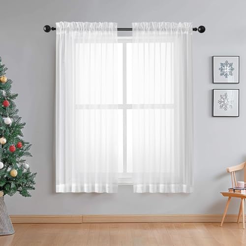 Image of OWENIE Sheer White Curtains Living Room 54 inches Long, Rod Pocket Curtain Sheers Bedroom, Light Filtering Voile Panels Drapes Small Window Treatments 2 Panels, 42 inch W x 54 inch L, White