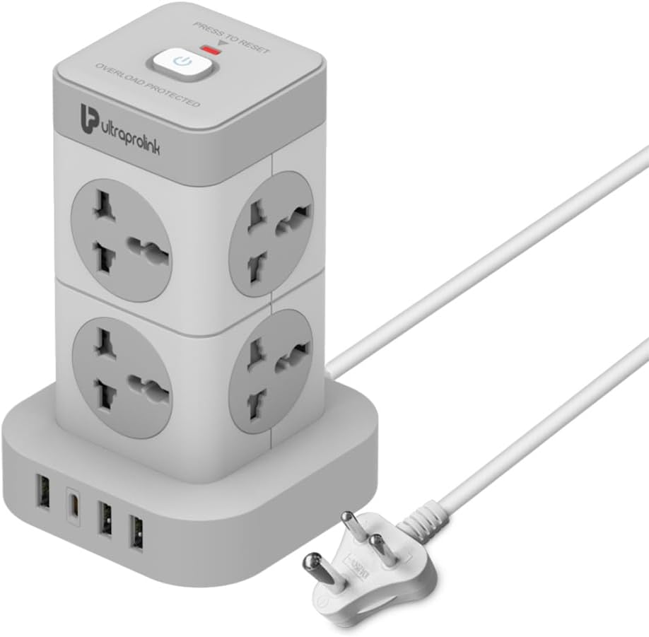 UltraProlink 12 in 1 Tower Extension Board Surge Protector Multi-Port |8 AC Sockets, 3 USB-A + 1 Type-C Port 3.4A | Spike Guard | Higher Device Safety with ISI Approved Heavy Duty Cable-2m/6.5 ft