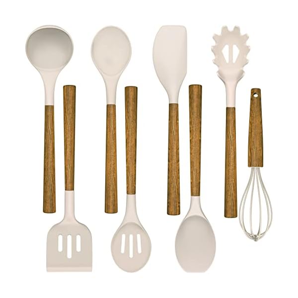 Silicone Cooking Utensil Set,Umite Chef 8-Piece Kitchen Utensils Set with Natural Acacia Wooden Handles, Silicone Heads-Silicone Kitchen Gadgets and Spatula Set for Nonstick Cookware - Khaki