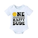 Happy Town Boy Baby First Birthday Outfit Short Sleeve Romper One Happy Dude Bodysuit 1 Year Old Gift Smiley Face Clothes(One Happy Dude White,6-12 Months)