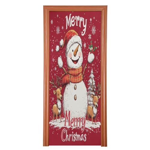 J JOYSAY Red Merry Christmas Snowman Door Decorations Door Cover Christmas Door Decor Xmas Front Door Decorations for Christmas Party,36x98 in