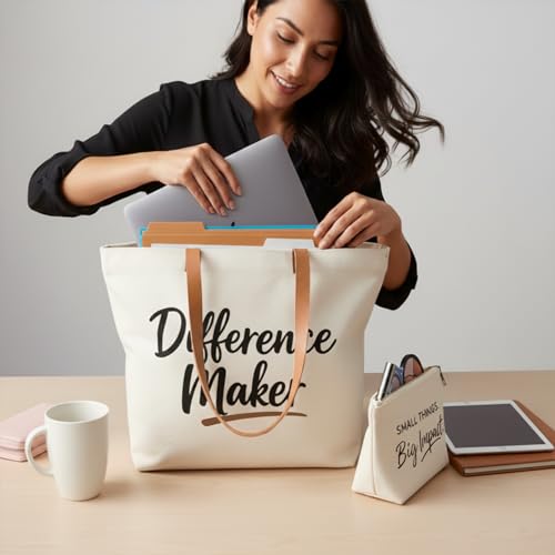 Image of ELEGANTPARK Appreciation Gifts for Women, Difference Maker Canvas Tote Set | Large zip-top tote with interior zip pocket for coworker, employee, volunteer, mentor, office assistant and farewell gifts