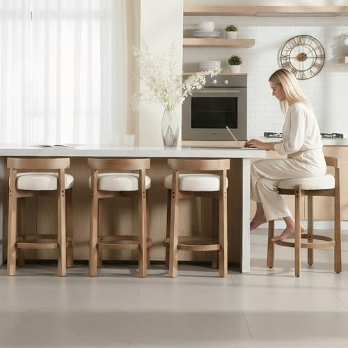 LukeAlon Mid Century Linen Counter Stools Set of 4, Upholstered 26.5” Seat Height Low Barstools with Natural Wood Legs Round Low Back Kitchen Stools with Footrest for Dining Room, Beige