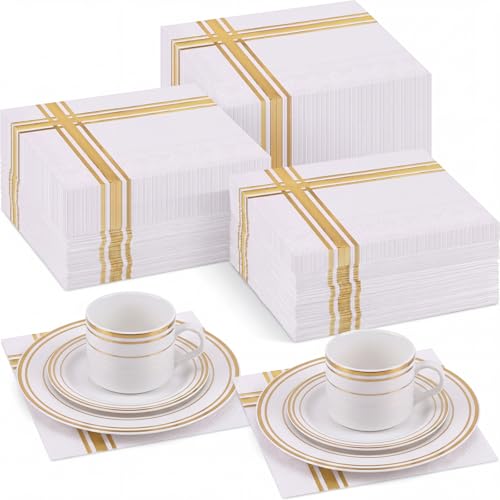 400 Pcs Gold Napkins 3 Ply Cocktail Napkins Folded 5 x 5 Inch Bar Foil Trim Stripe Paper Disposable Beverage Party Decorations for Wedding Baby Shower Birthday Formal Dinner(White and Gold)